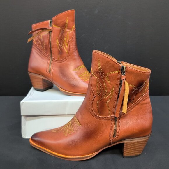 Funny She Jill Embroidered Pointed Toe Zipper Women's Cowboy Boots US 8.5 Brown - Picture 5 of 12